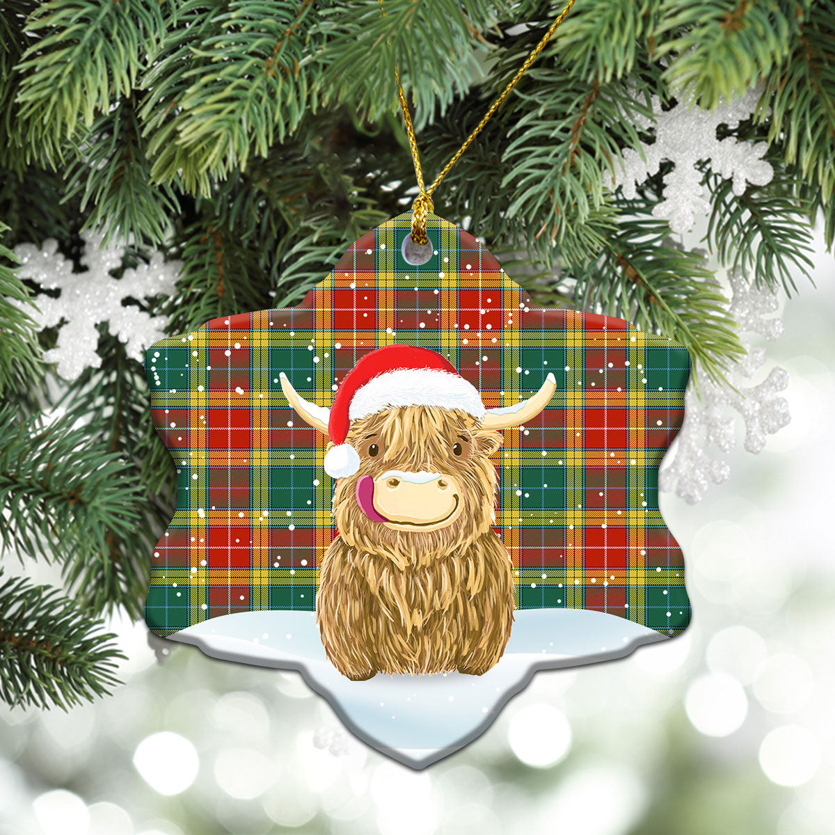 Buchanan Old Sett Tartan Christmas Ceramic Ornament - Highland Cows Style