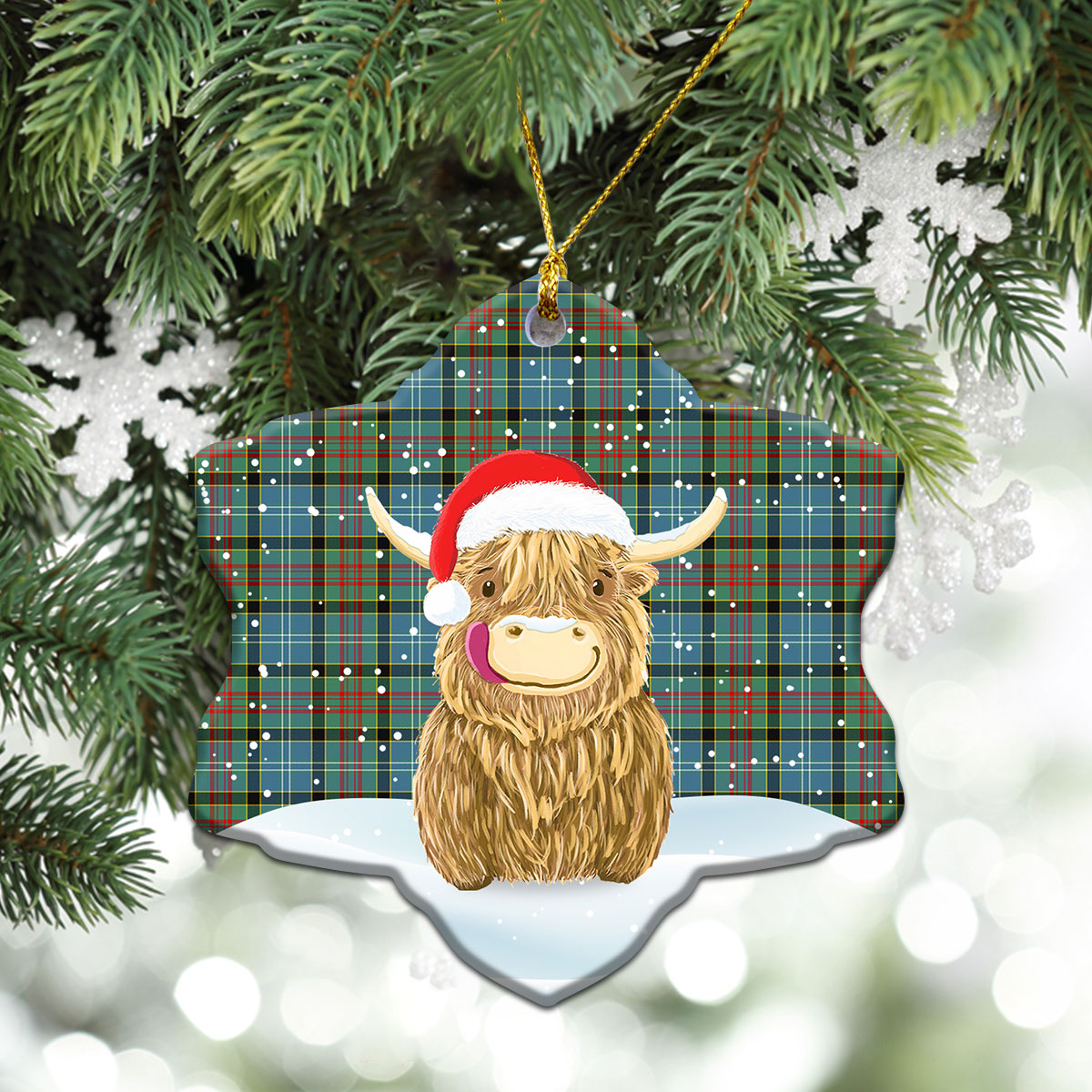 Caldwell Tartan Christmas Ceramic Ornament - Highland Cows Style