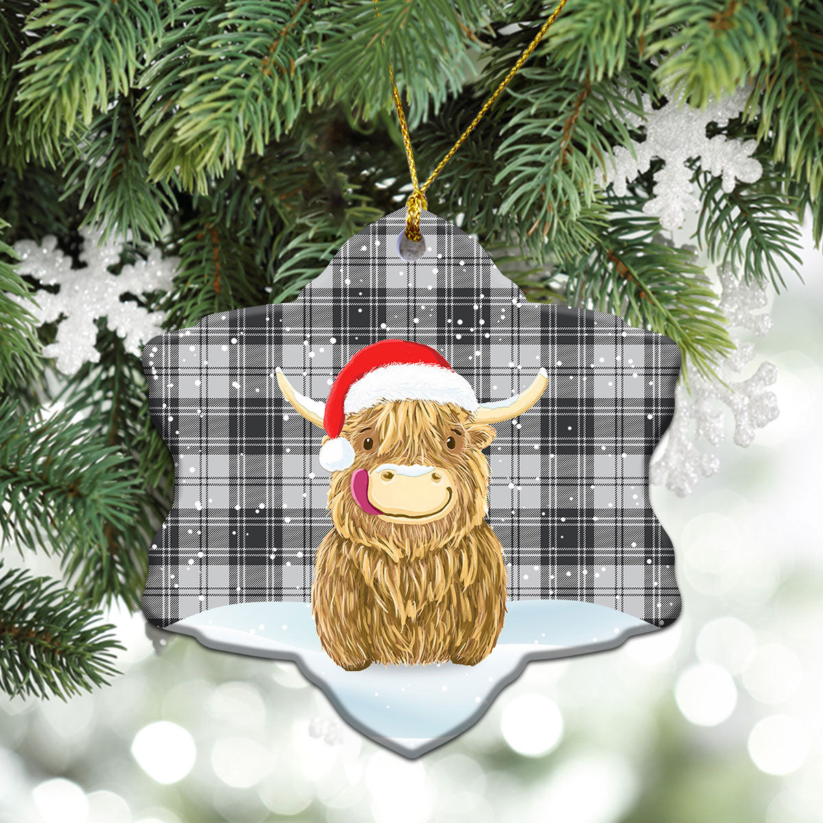 Douglas Grey Modern Tartan Christmas Ceramic Ornament - Highland Cows Style