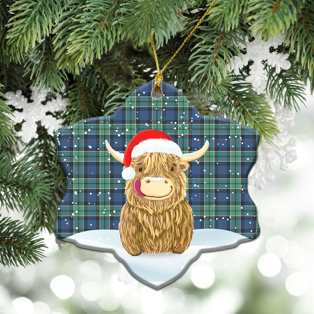 Leslie Hunting Ancient Tartan Christmas Ceramic Ornament - Highland Cows Style