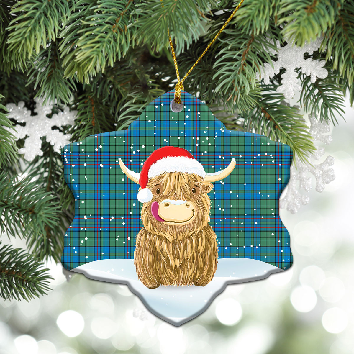 Lockhart Tartan Christmas Ceramic Ornament - Highland Cows Style