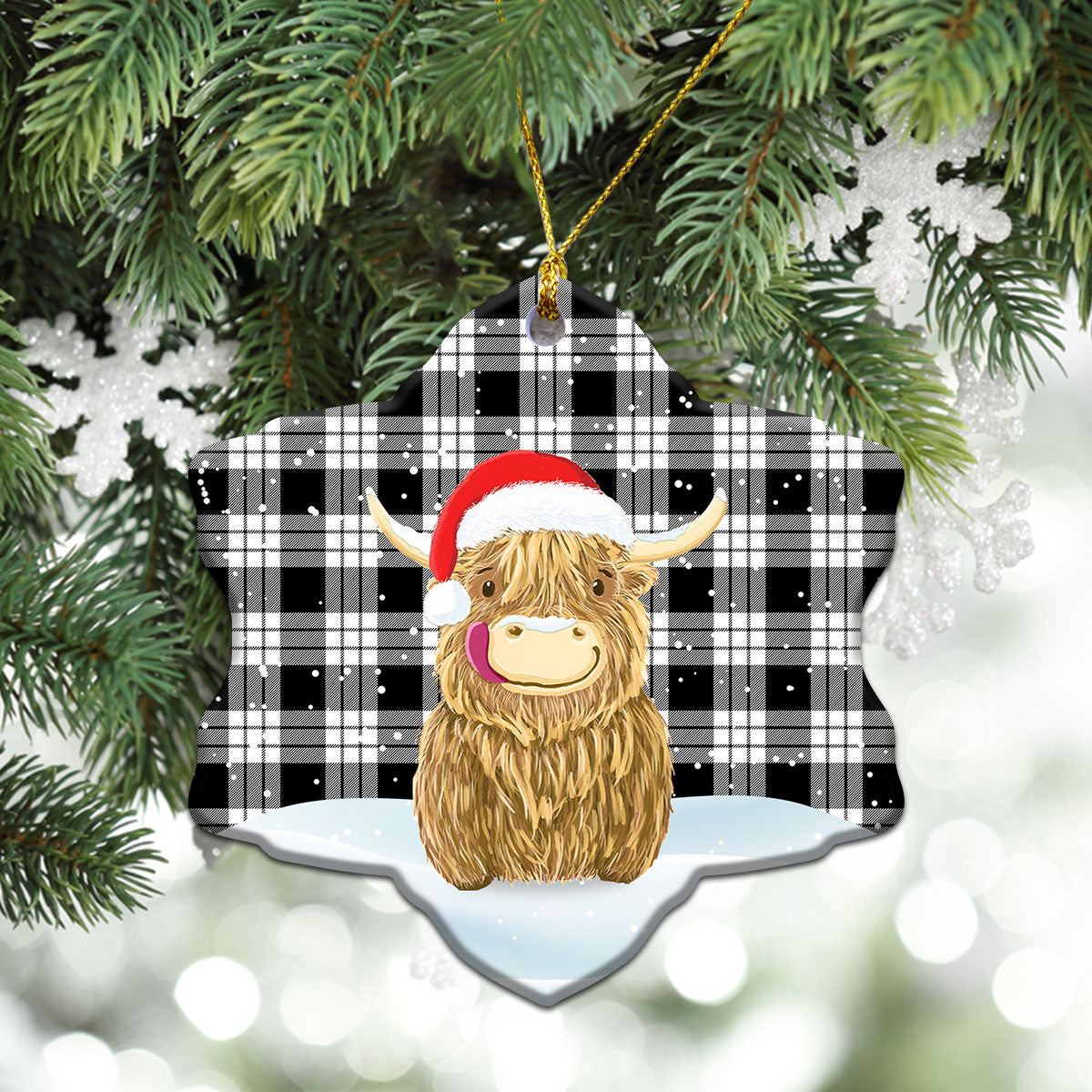 MacFarlane Black _ White Tartan Christmas Ceramic Ornament - Highland Cows Style