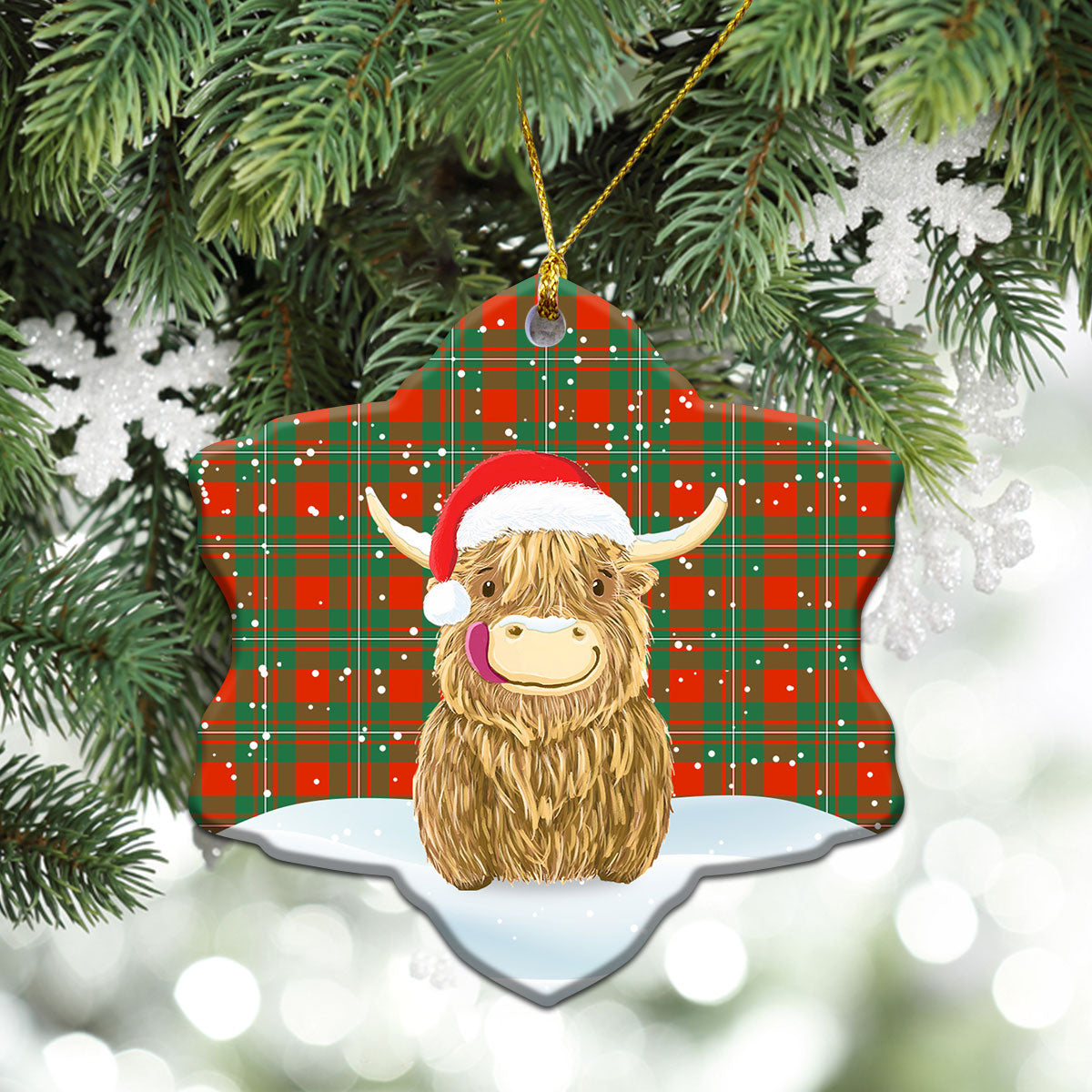 MacGregor Ancient Tartan Christmas Ceramic Ornament - Highland Cows Style