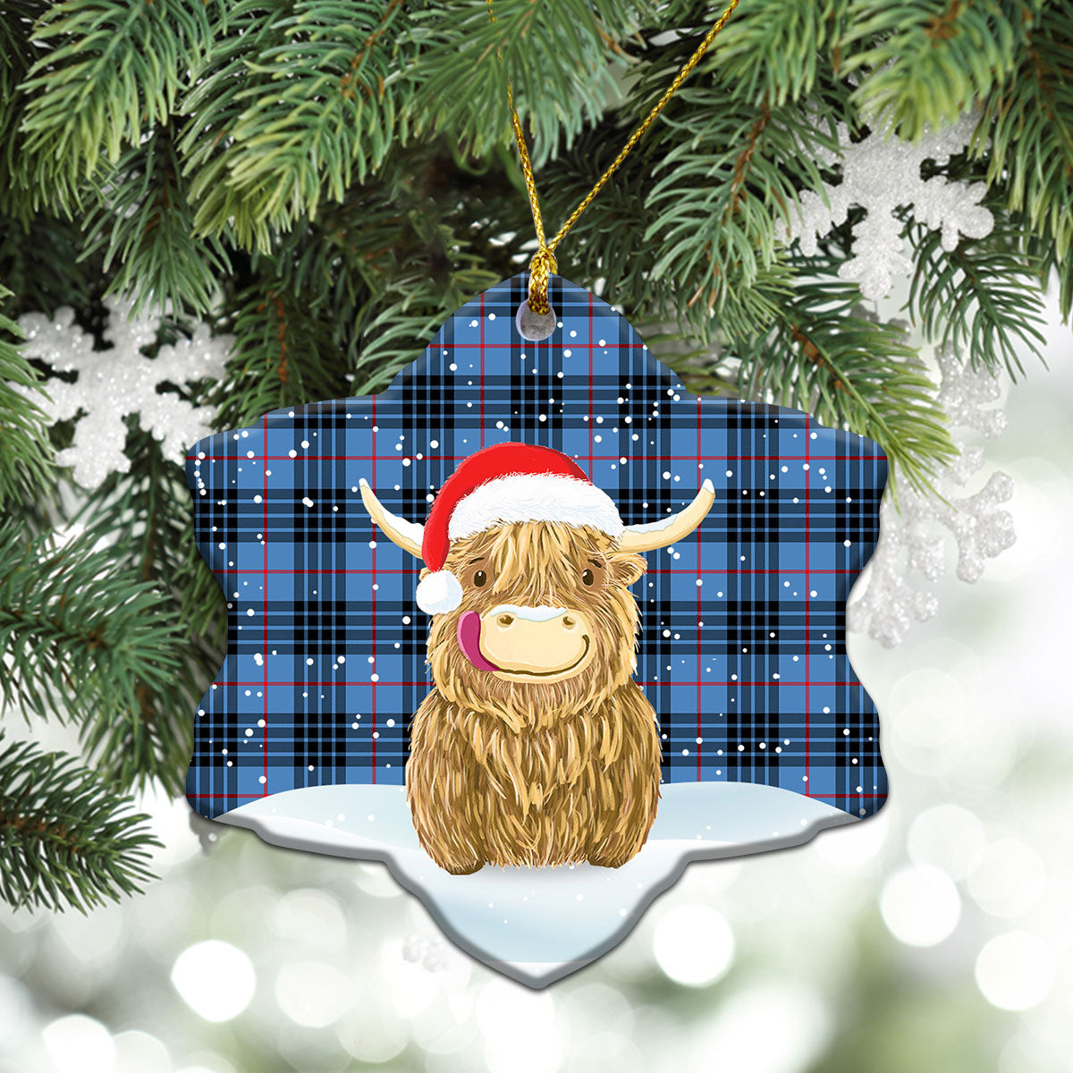 MacKay Blue Tartan Christmas Ceramic Ornament - Highland Cows Style