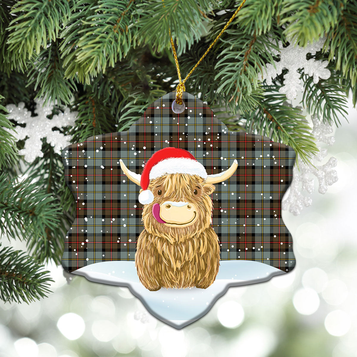 MacLeod of Harris Weathered Tartan Christmas Ceramic Ornament - Highland Cows Style