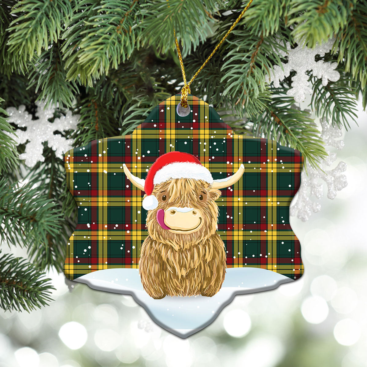 MacMillan Old Modern Tartan Christmas Ceramic Ornament - Highland Cows Style