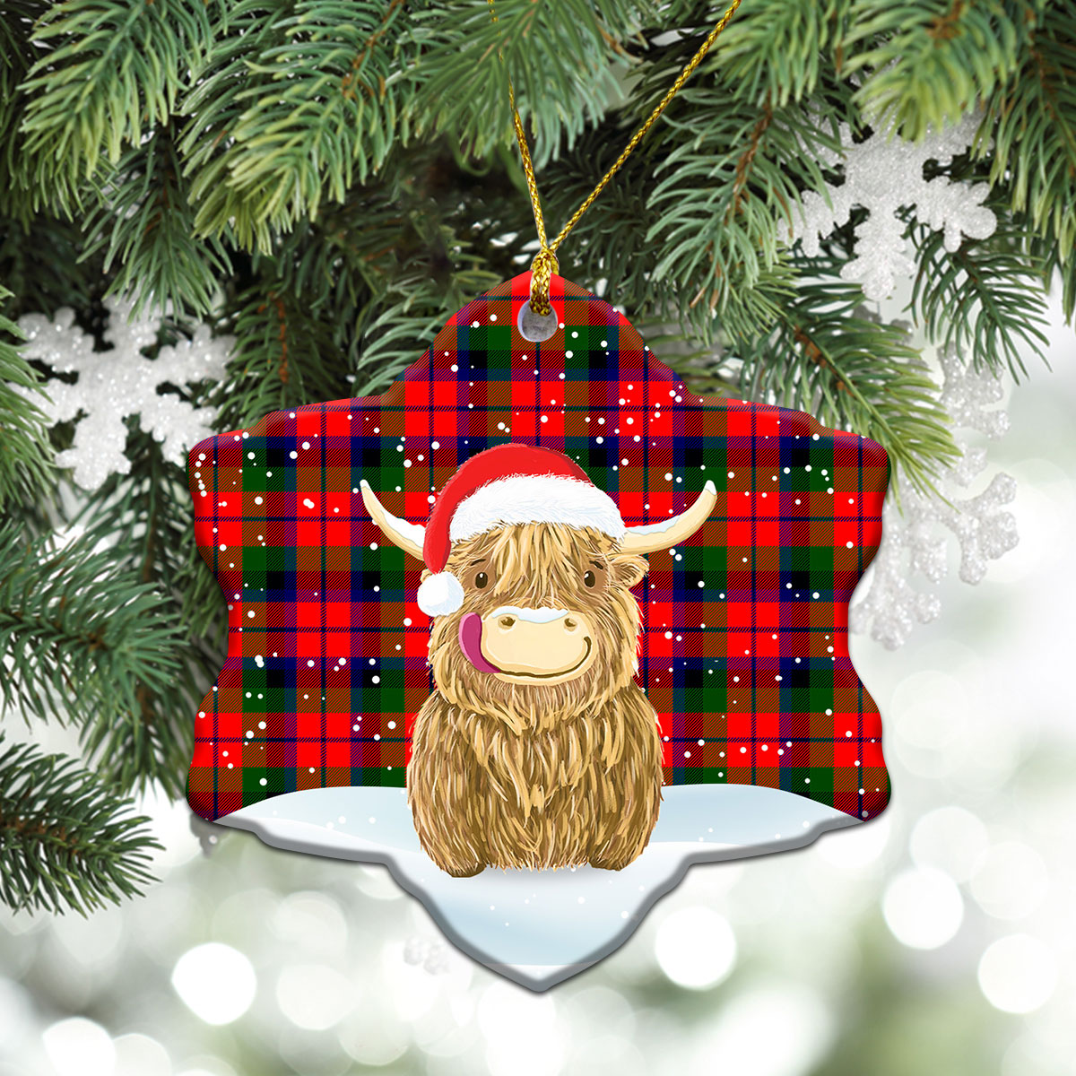 MacNaughton Modern Tartan Christmas Ceramic Ornament - Highland Cows Style