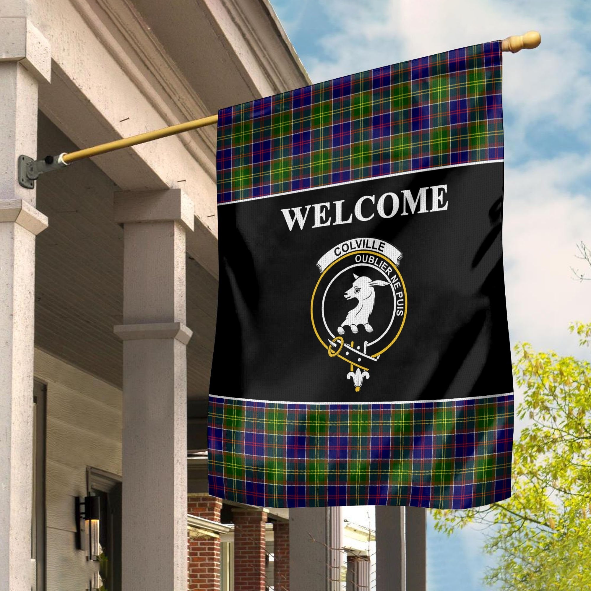 Colville Tartan Crest Black Garden Flag