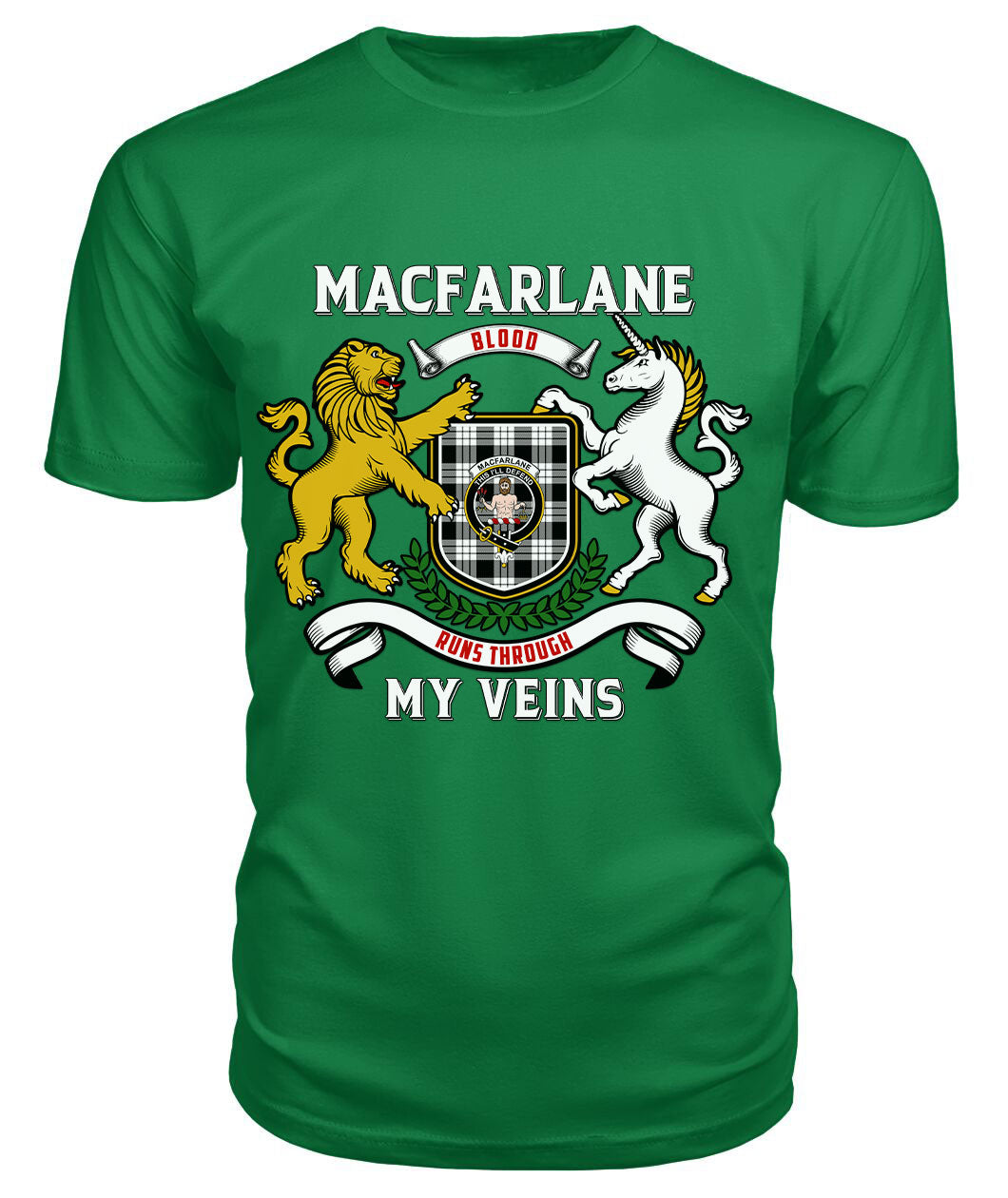 MacFarlane Black _ White Tartan Crest 2D T-shirt - Blood Runs Through My Veins Style