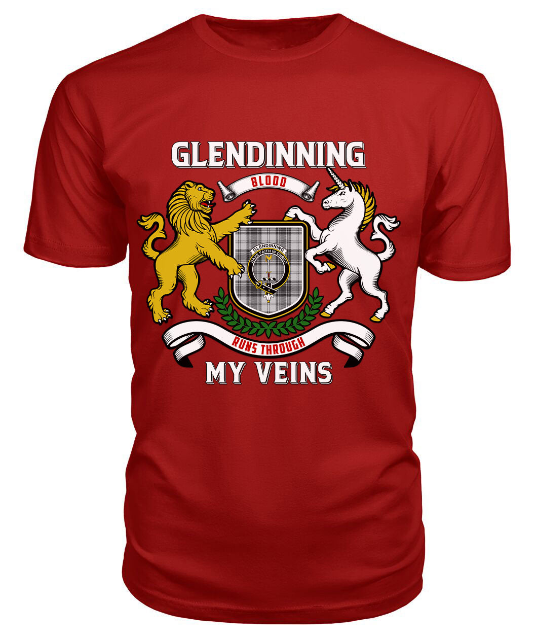 Glendinning Tartan Crest 2D T-shirt - Blood Runs Through My Veins Style