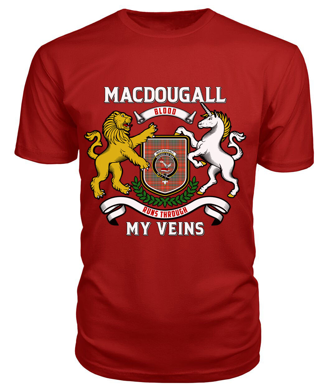 MacDougall Ancient Tartan Crest 2D T-shirt - Blood Runs Through My Veins Style