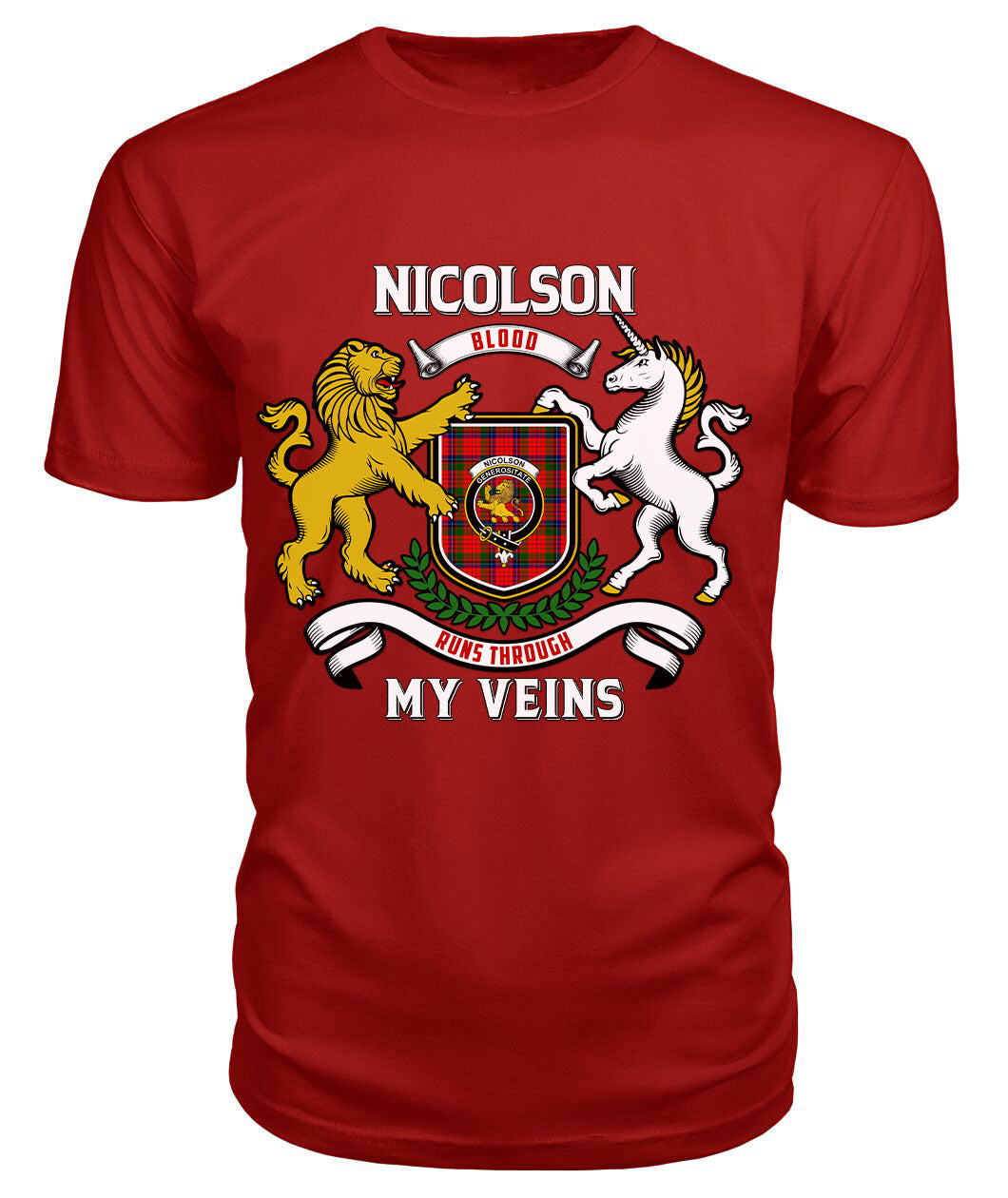 Nicolson Modern Tartan Crest 2D T-shirt - Blood Runs Through My Veins Style