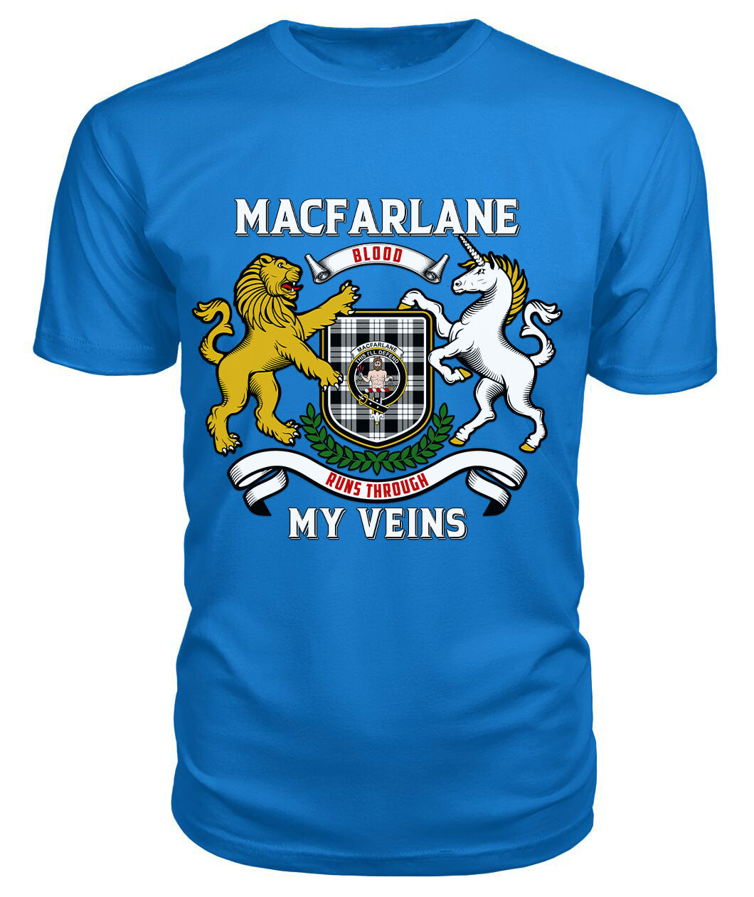 MacFarlane Black _ White Tartan Crest 2D T-shirt - Blood Runs Through My Veins Style