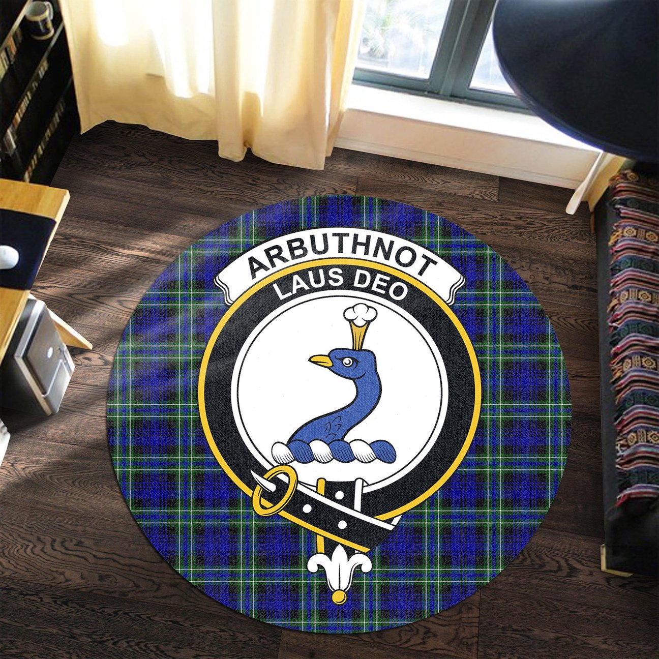 Arbuthnot Modern Tartan Crest Round Rug