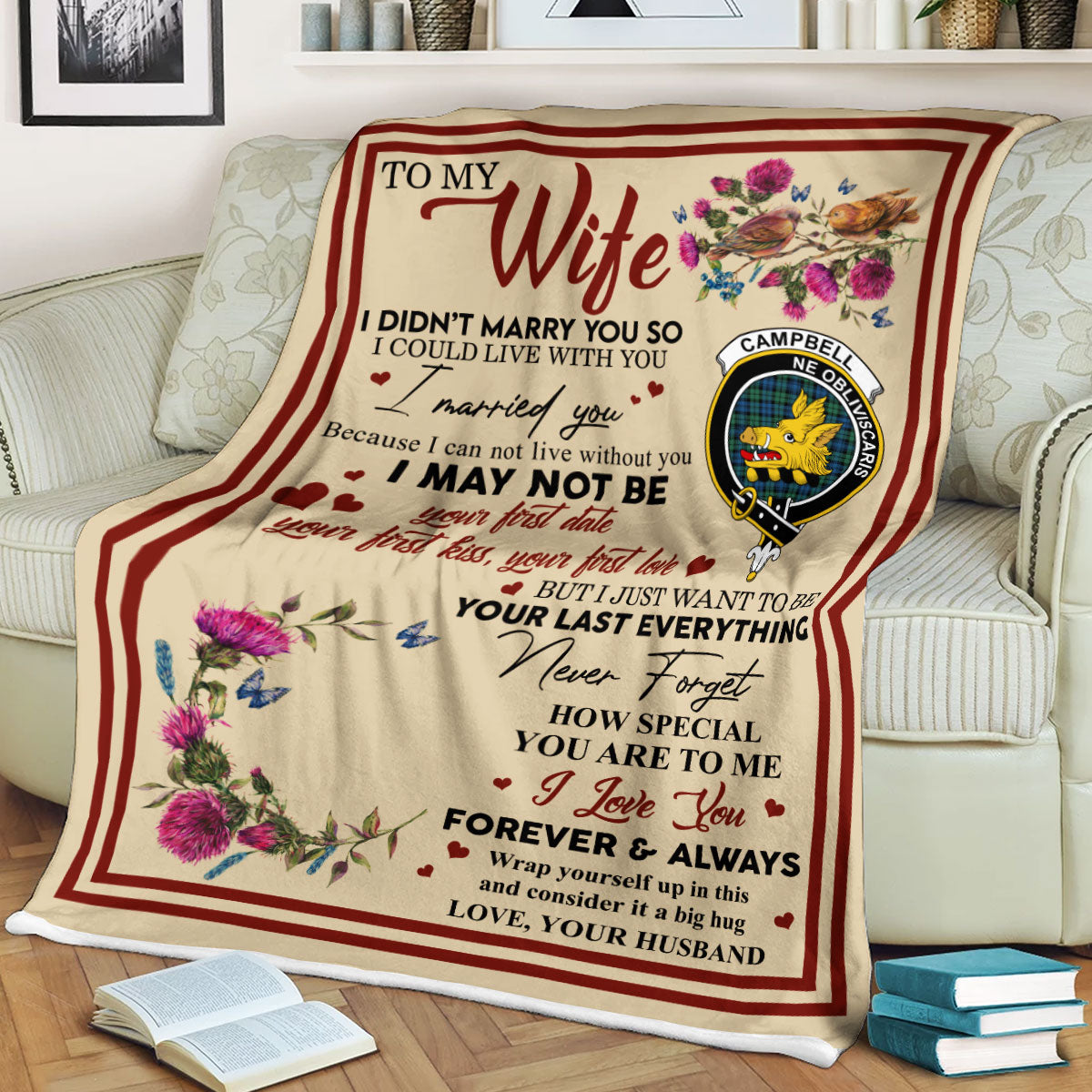 Scots Print Blanket - Campbell Ancient Tartan Crest Blanket To My Wife Style, Gift From Scottish Husband