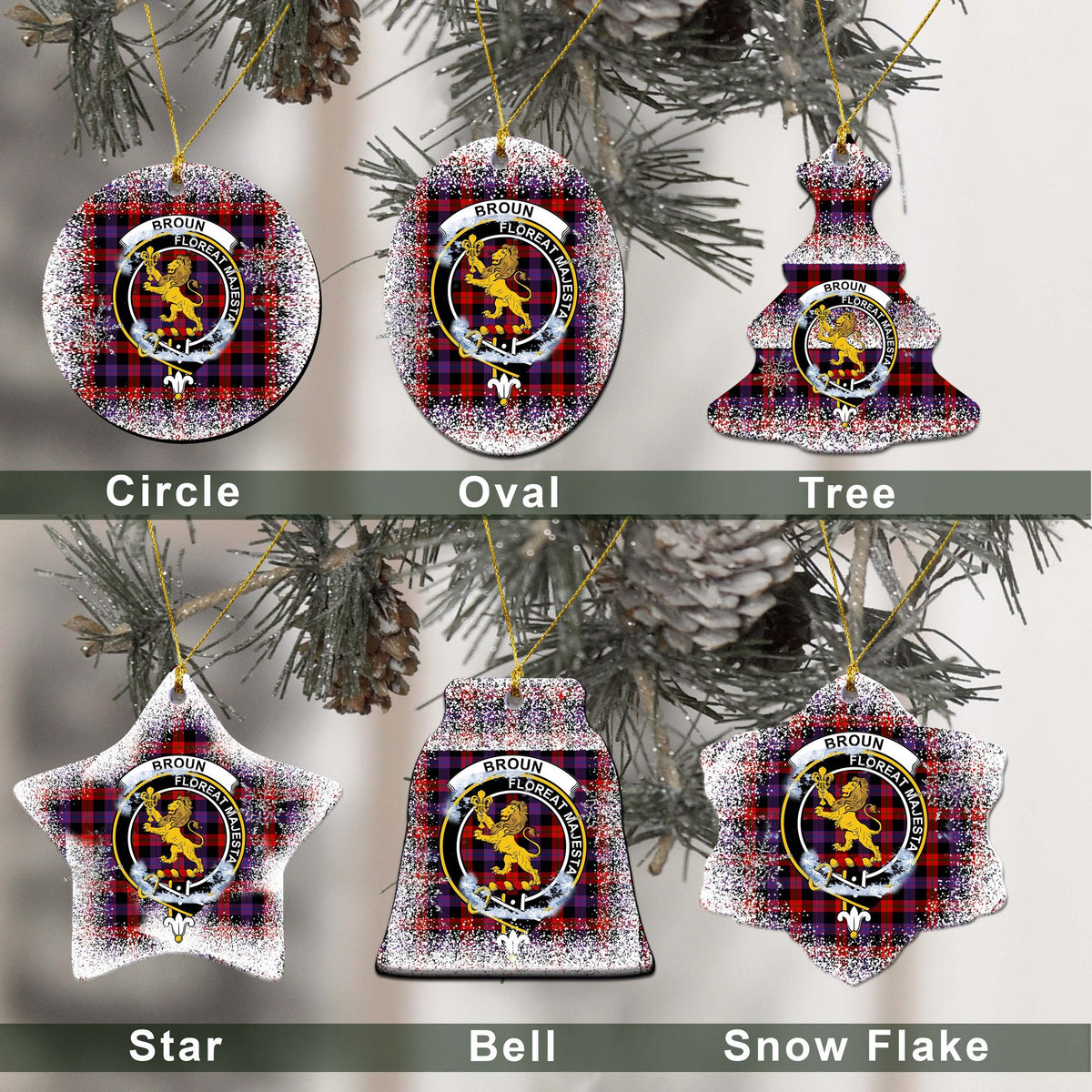 Broun Tartan Christmas Ceramic Ornament - Snow Style