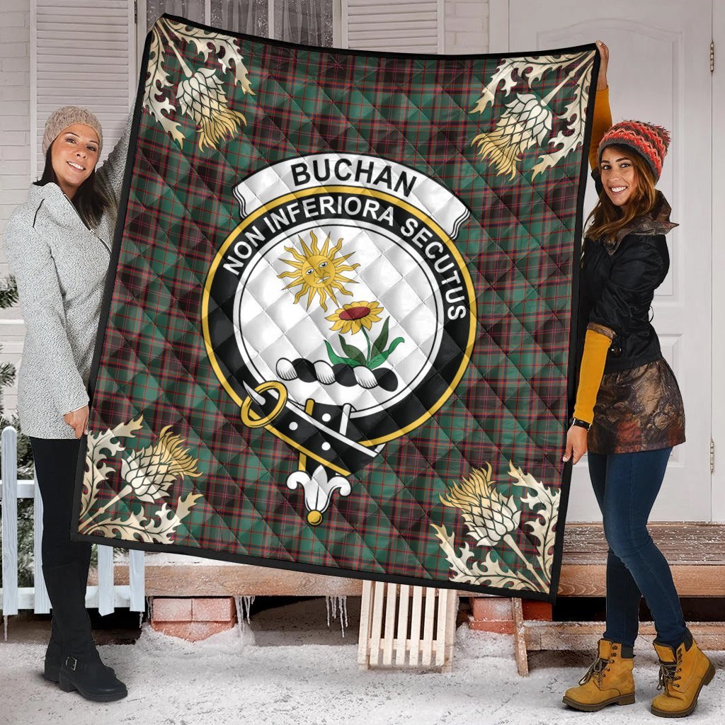 Buchan Ancient Tartan Crest Premium Quilt - Gold Thistle Style