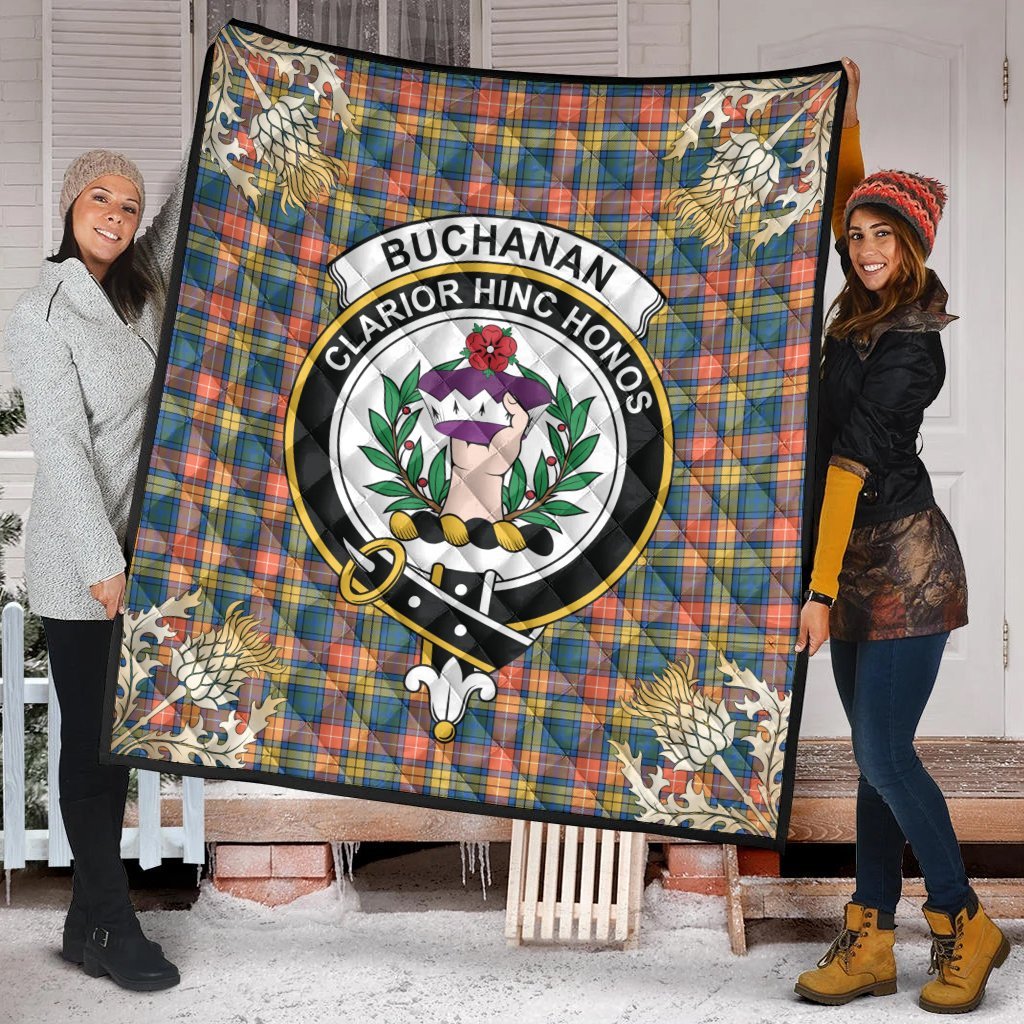 Buchanan Ancient Tartan Crest Premium Quilt - Gold Thistle Style