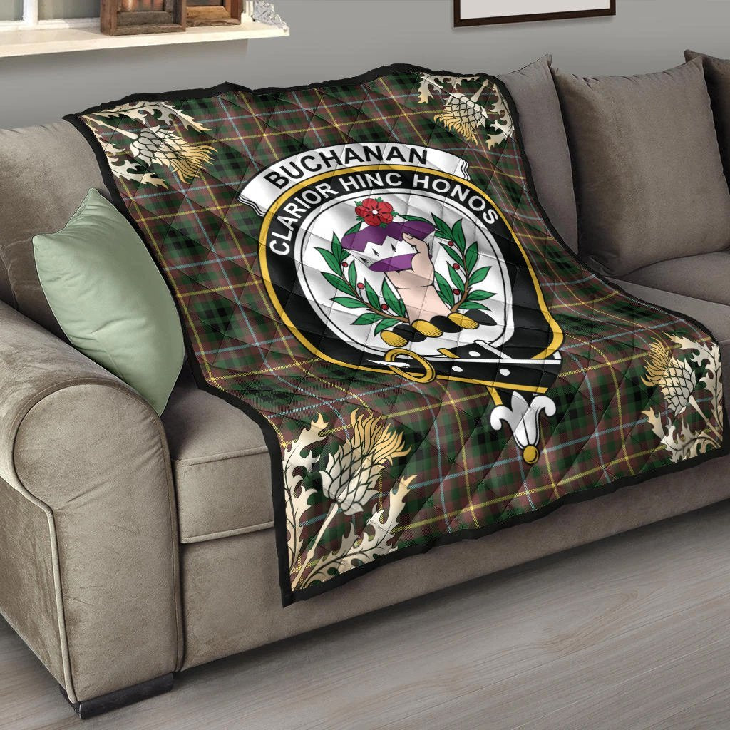 Buchanan Hunting Tartan Crest Premium Quilt - Gold Thistle Style