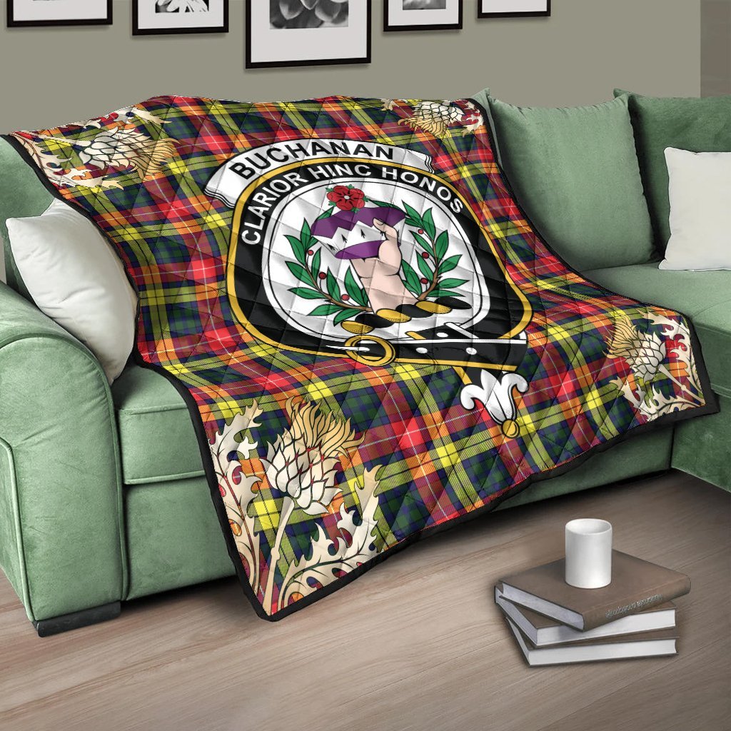 Buchanan Modern Tartan Crest Premium Quilt - Gold Thistle Style