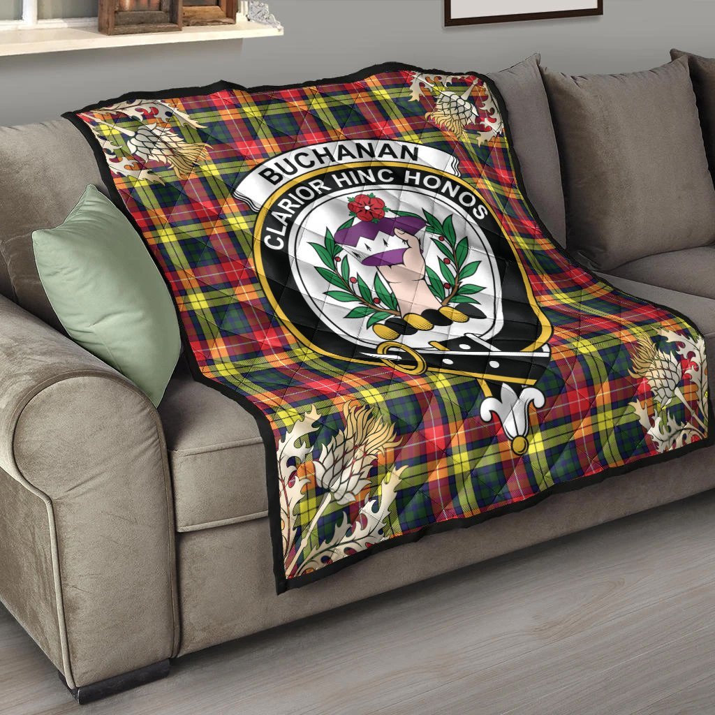 Buchanan Modern Tartan Crest Premium Quilt - Gold Thistle Style