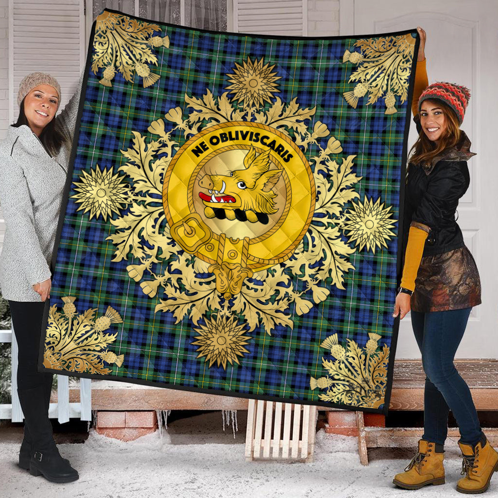 Campbell Argyll Ancient Tartan Crest Premium Quilt - Gold Thistle Style