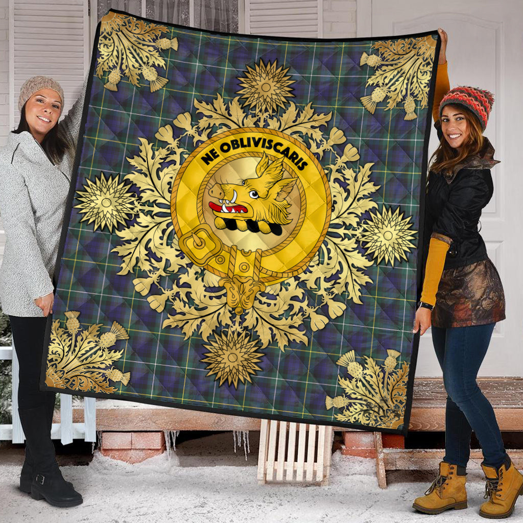 Campbell Argyll Modern Tartan Crest Premium Quilt - Gold Thistle Style