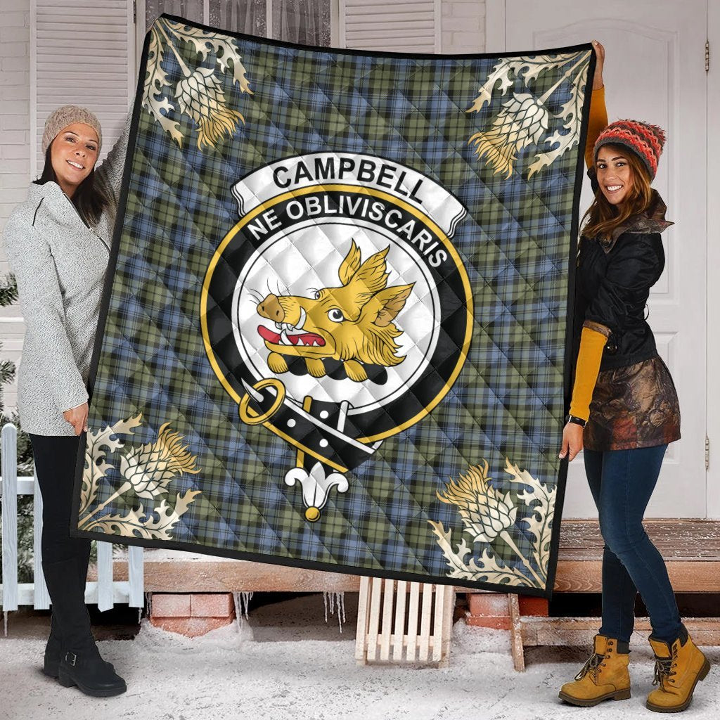 Campbell Faded Tartan Crest Premium Quilt - Gold Thistle Style