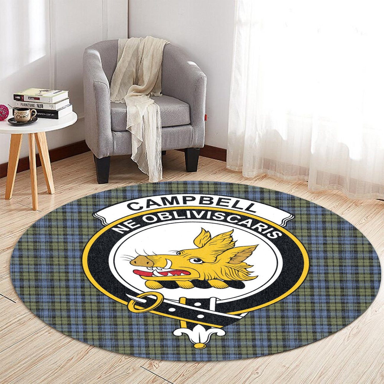 Campbell Faded Tartan Crest Round Rug