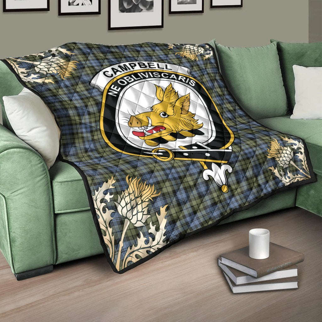 Campbell Faded Tartan Crest Premium Quilt - Gold Thistle Style