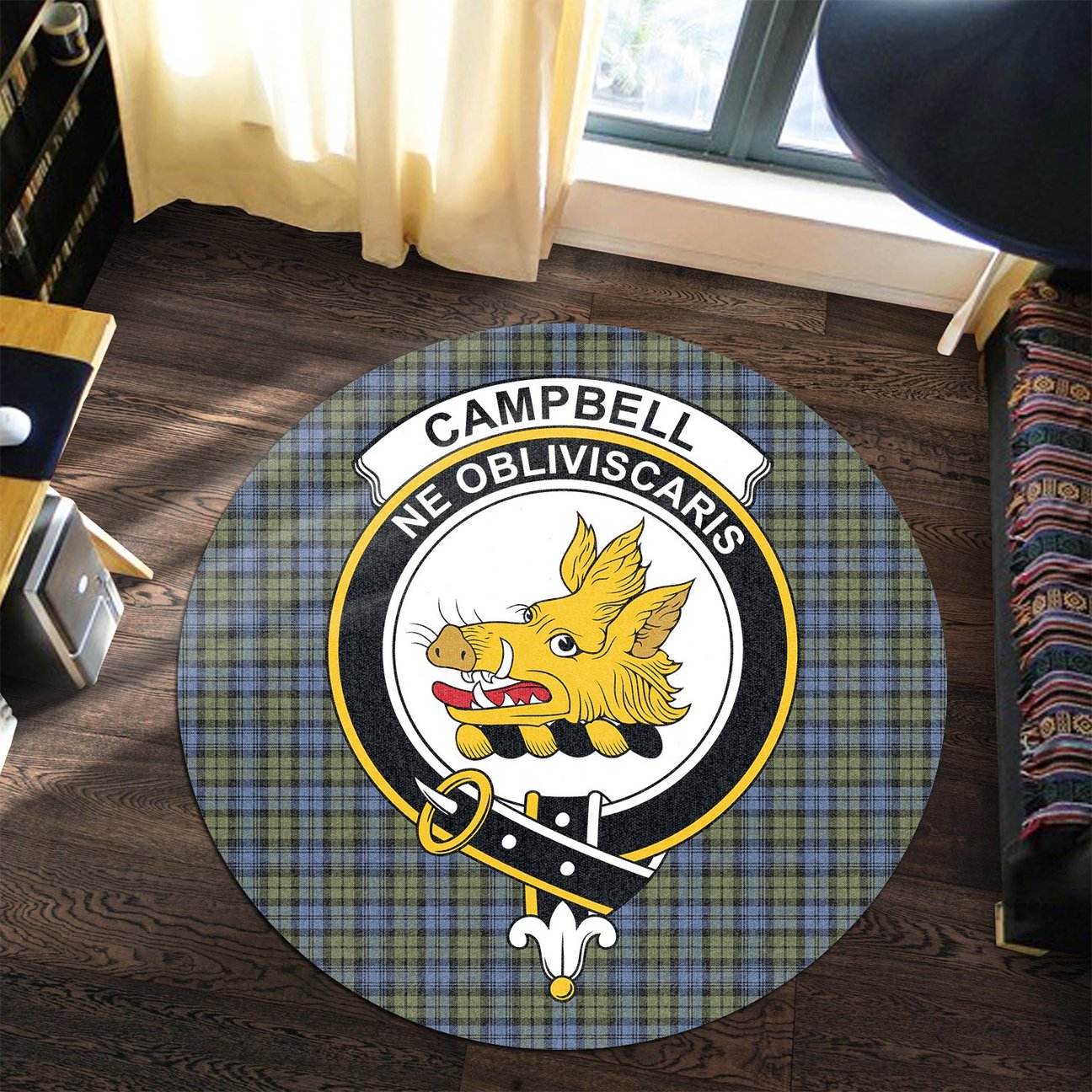 Campbell Faded Tartan Crest Round Rug