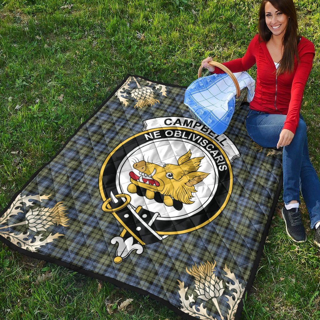 Campbell Faded Tartan Crest Premium Quilt - Gold Thistle Style