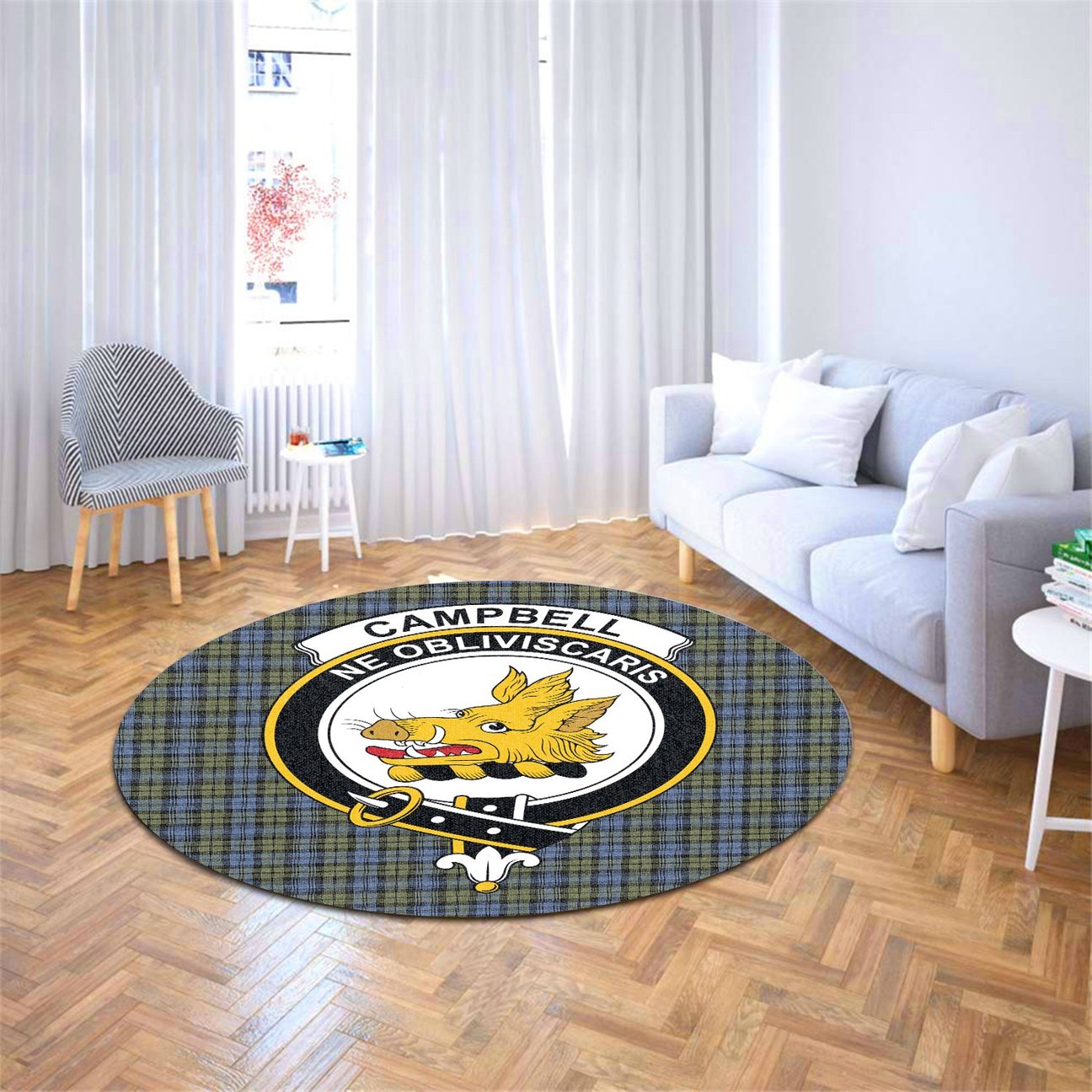 Campbell Faded Tartan Crest Round Rug