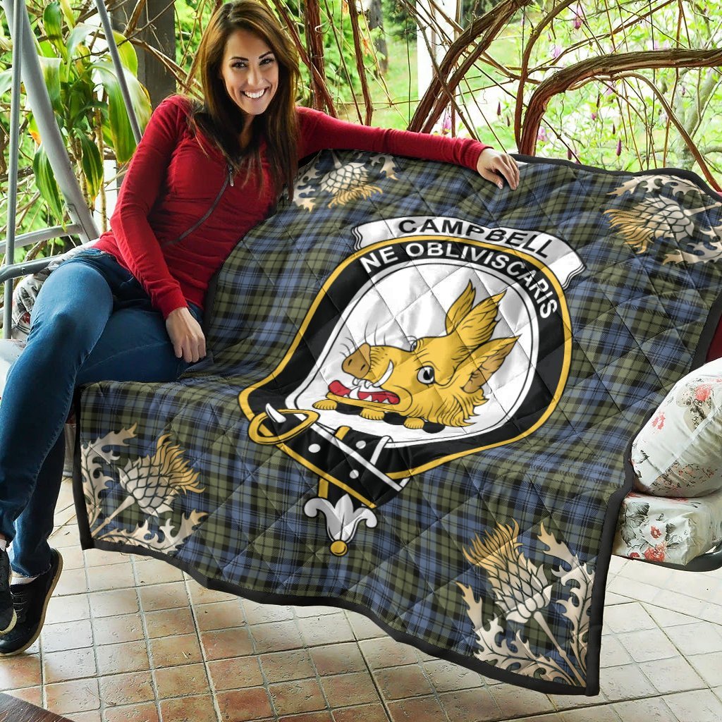 Campbell Faded Tartan Crest Premium Quilt - Gold Thistle Style