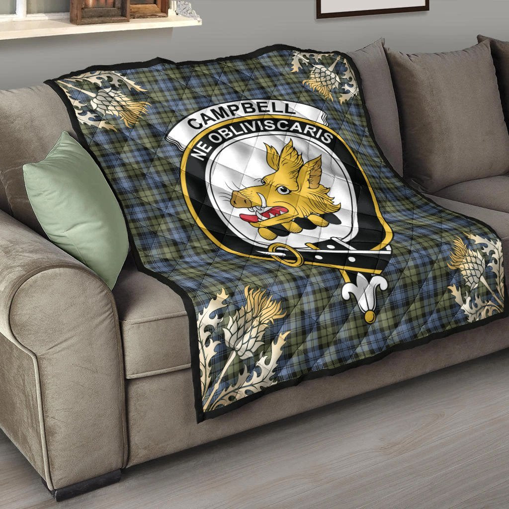 Campbell Faded Tartan Crest Premium Quilt - Gold Thistle Style