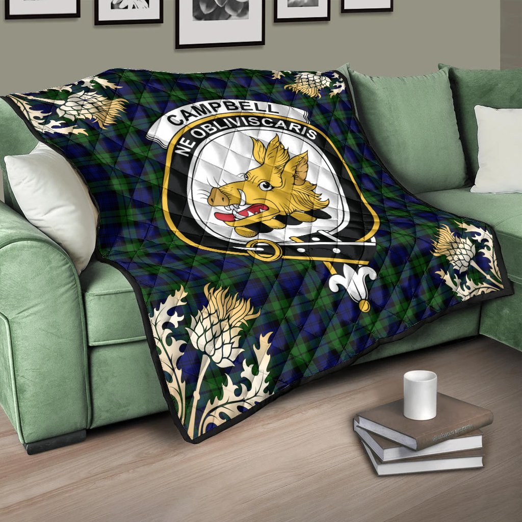 Campbell Modern Tartan Crest Premium Quilt - Gold Thistle Style