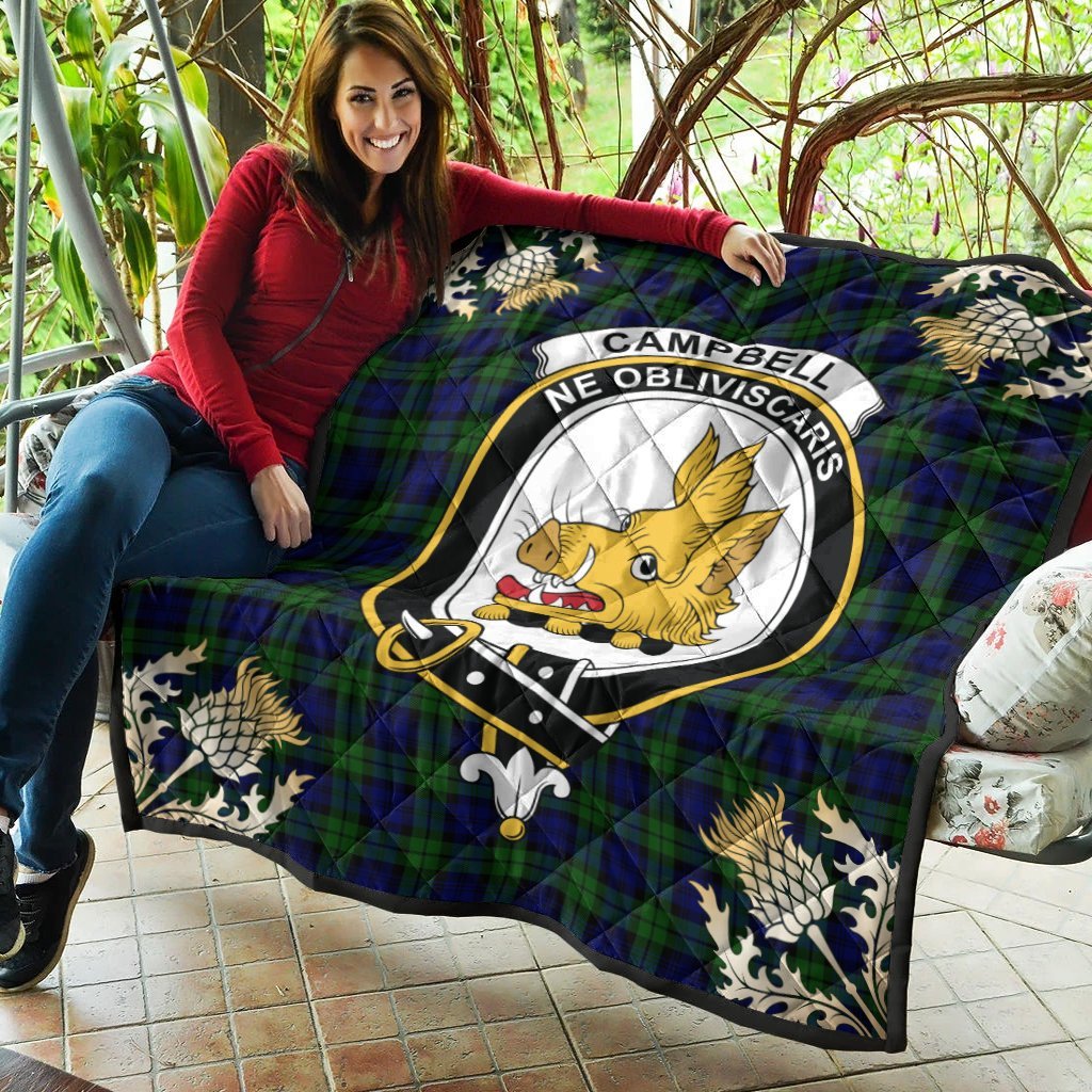 Campbell Modern Tartan Crest Premium Quilt - Gold Thistle Style