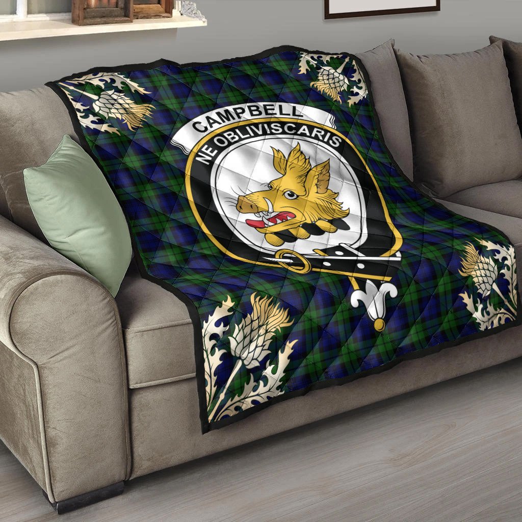 Campbell Modern Tartan Crest Premium Quilt - Gold Thistle Style