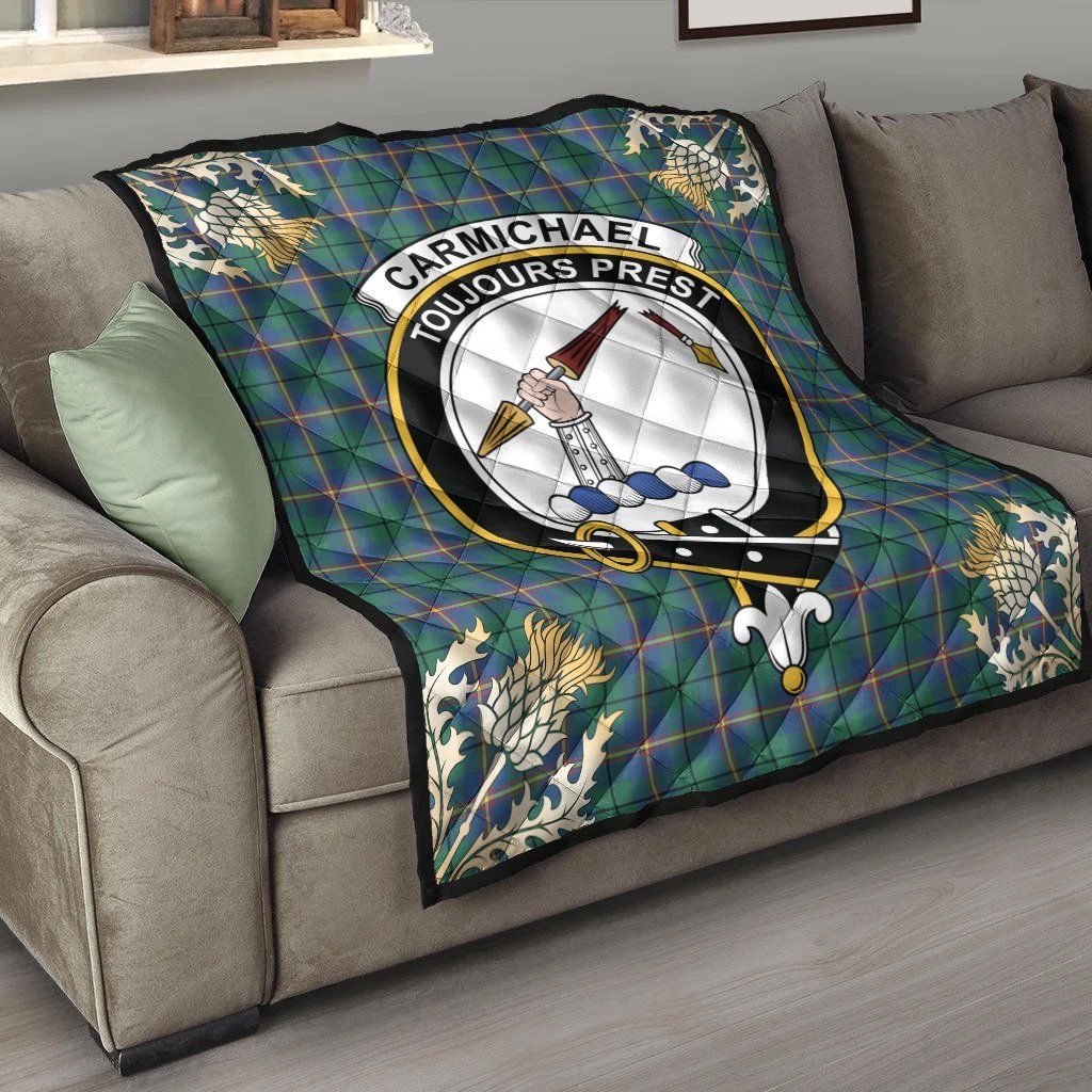 Carmichael Ancient Tartan Crest Premium Quilt - Gold Thistle Style