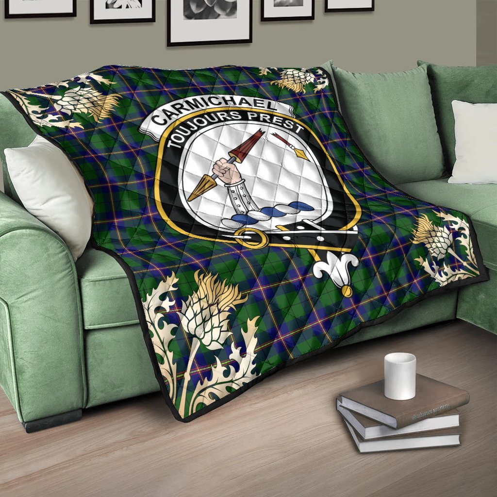 Carmichael Modern Tartan Crest Premium Quilt - Gold Thistle Style