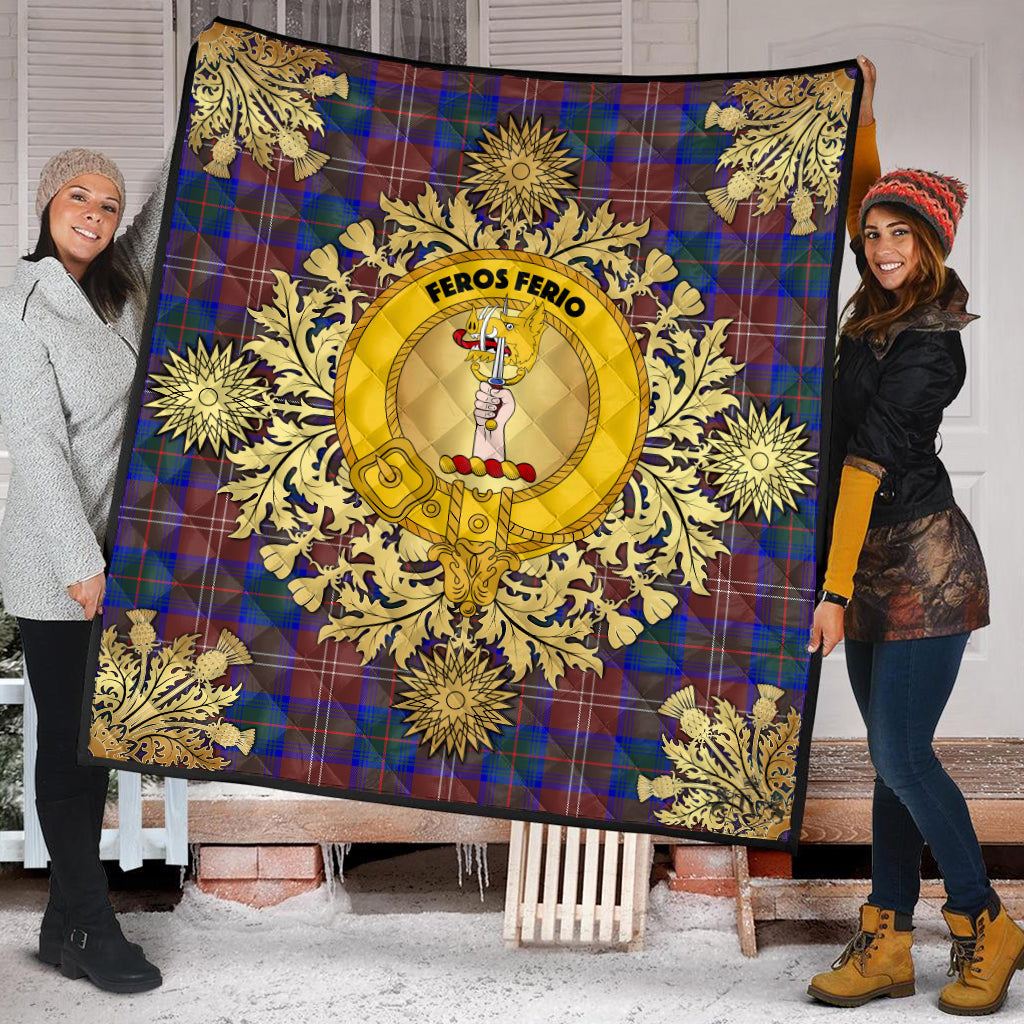 Chisholm Hunting Modern Tartan Crest Premium Quilt - Gold Thistle Style