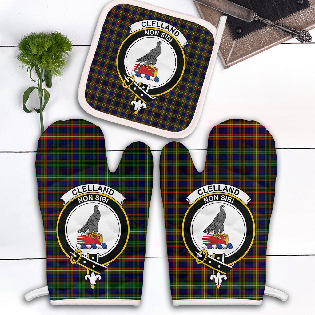 Clelland Modern Tartan Crest Oven Mitt And Pot Holder (2 Oven Mitts + 1 Pot Holder)