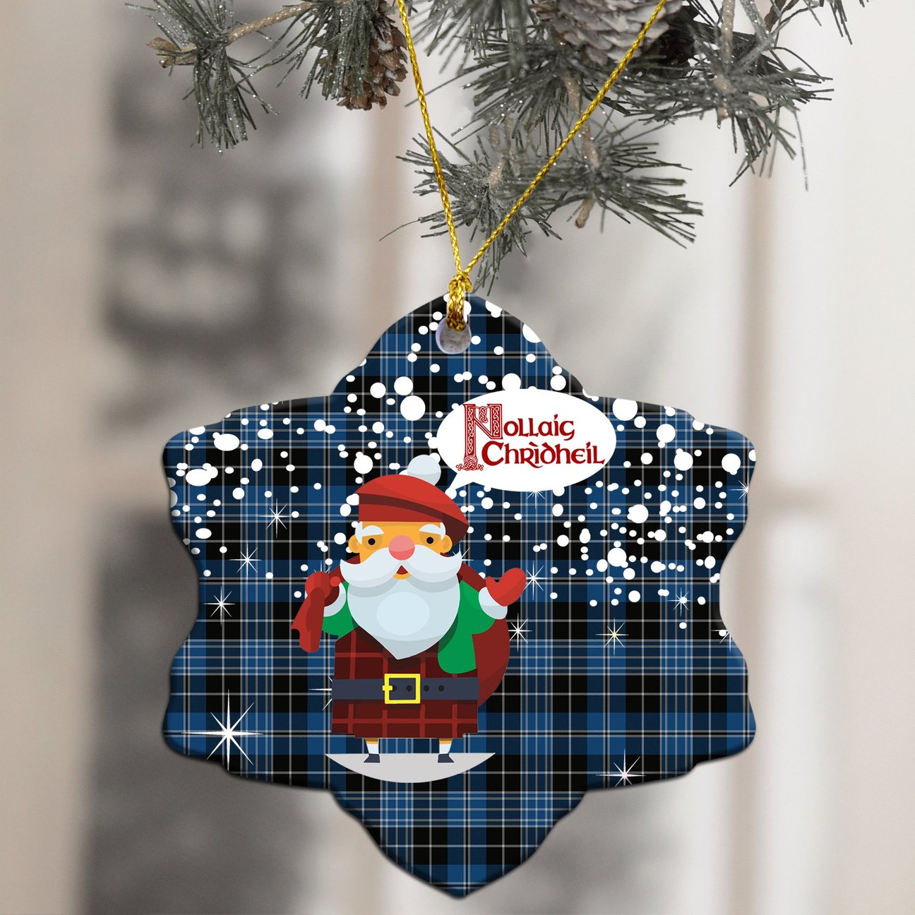 Clergy Blue Tartan Christmas Ceramic Ornament - Santa Style