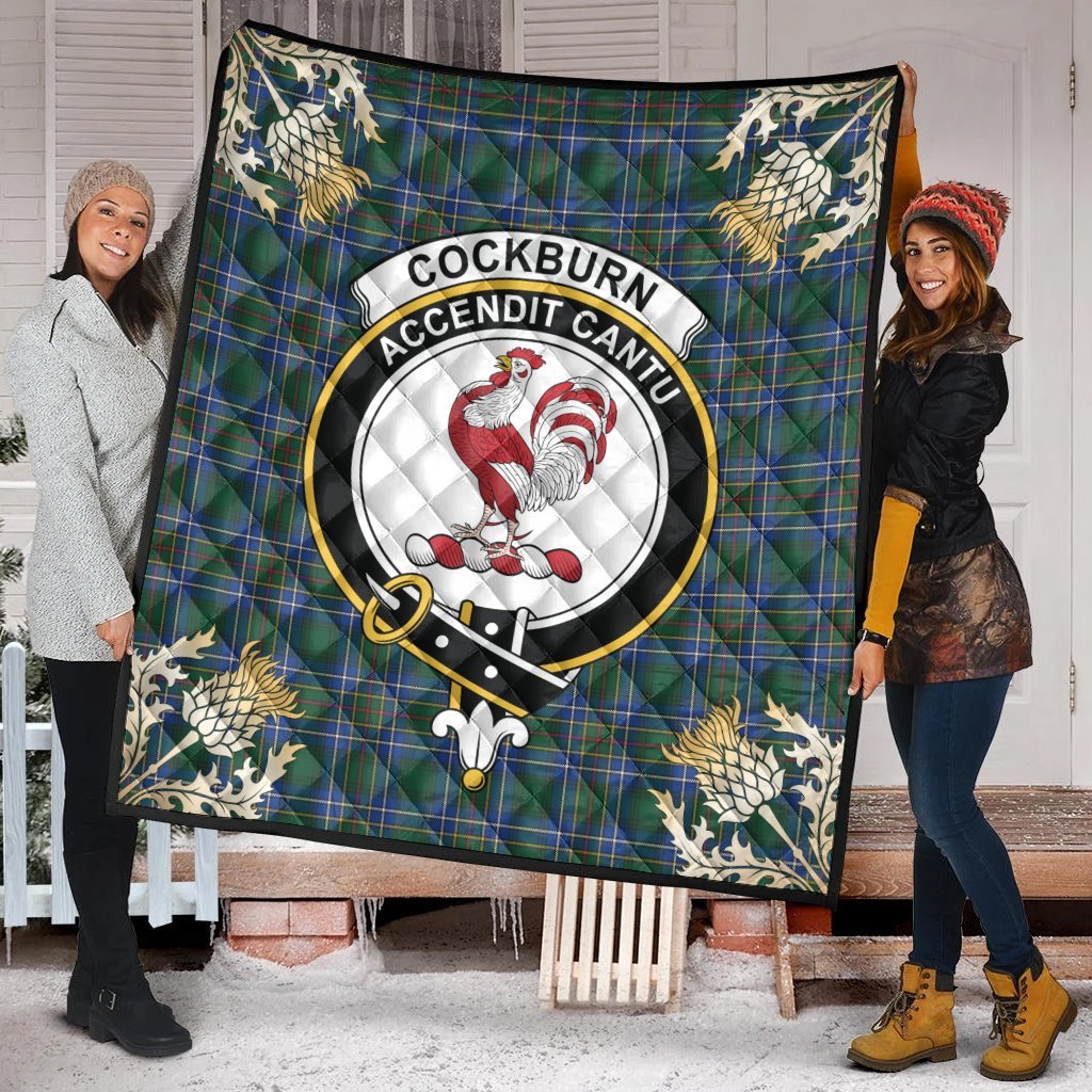 Cockburn Ancient Tartan Crest Premium Quilt - Gold Thistle Style