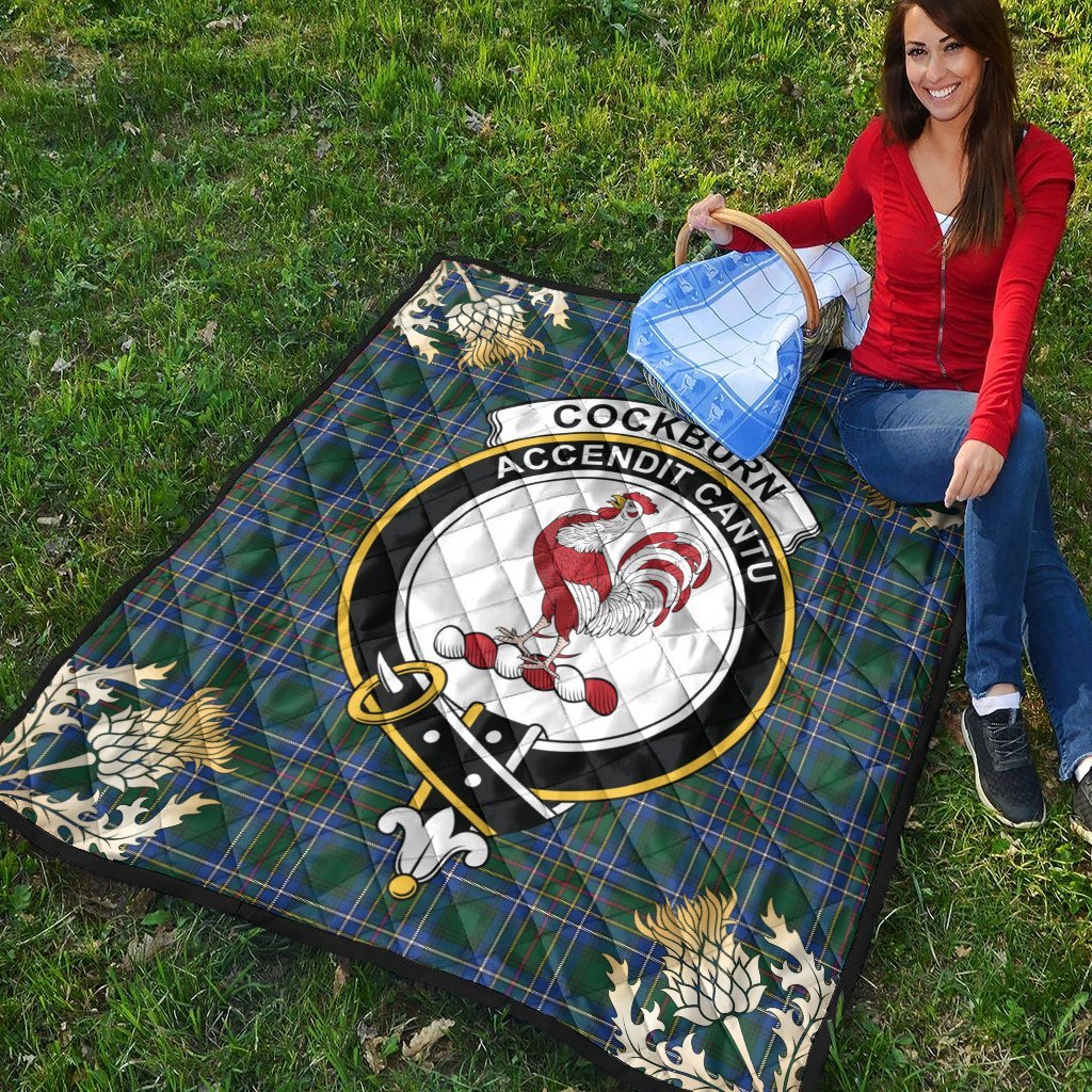 Cockburn Ancient Tartan Crest Premium Quilt - Gold Thistle Style