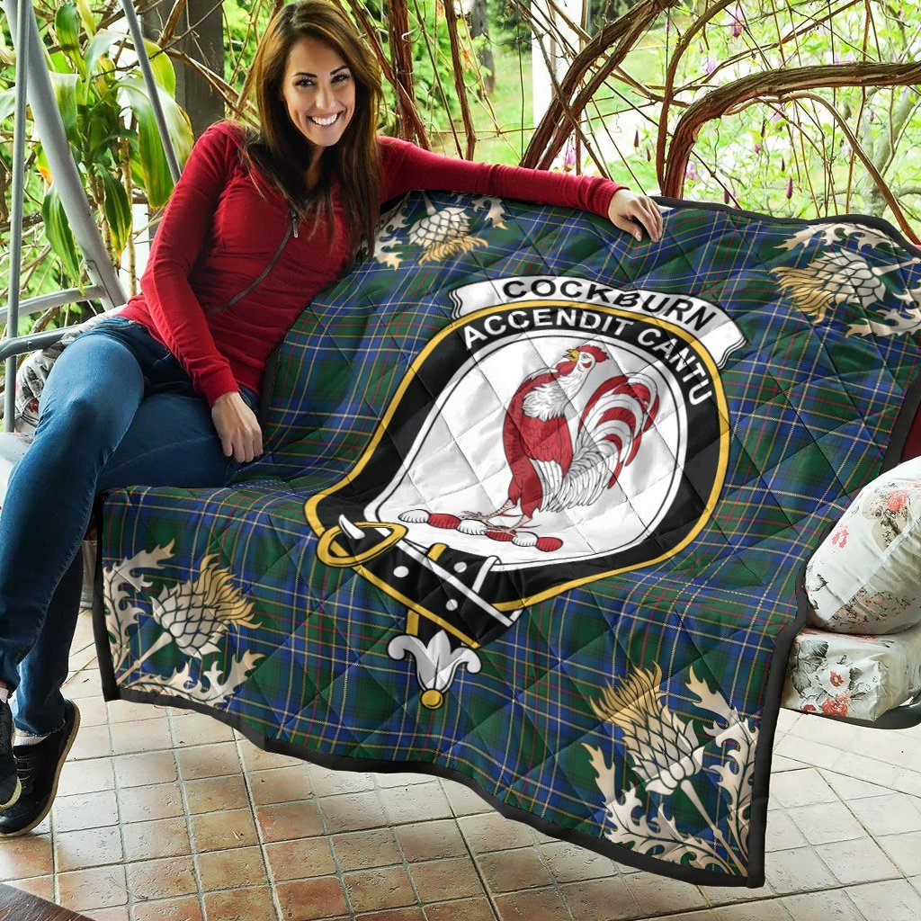 Cockburn Ancient Tartan Crest Premium Quilt - Gold Thistle Style