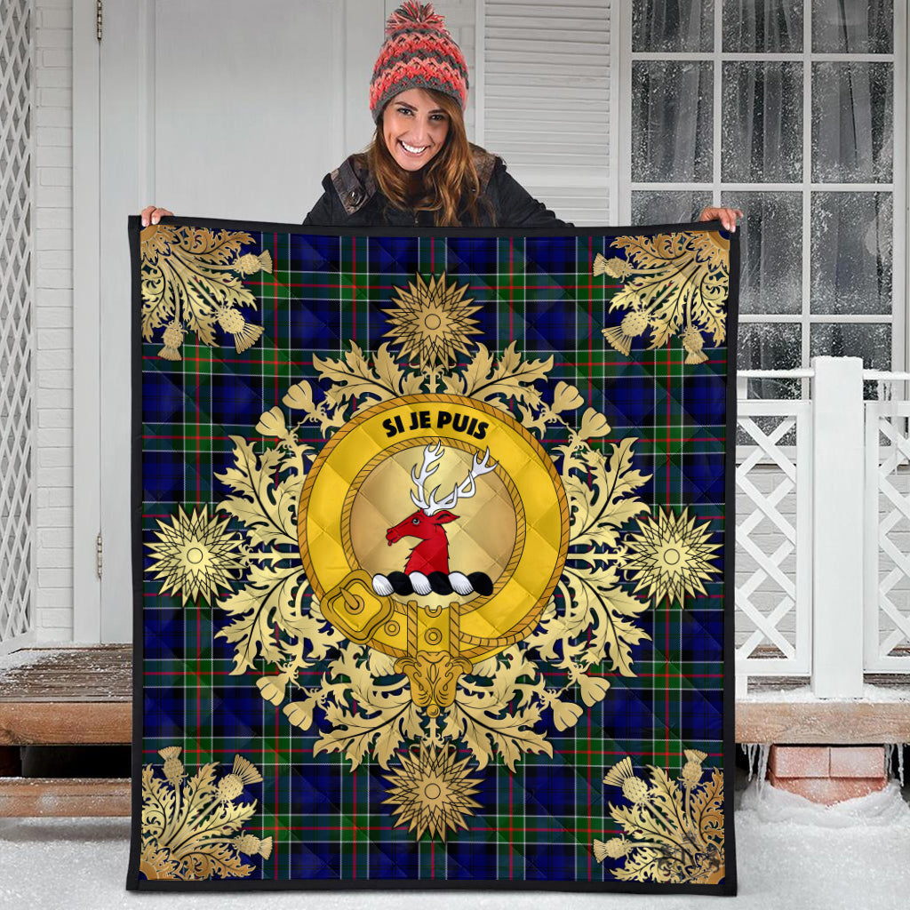 Colquhoun Modern Tartan Crest Premium Quilt - Gold Thistle Style