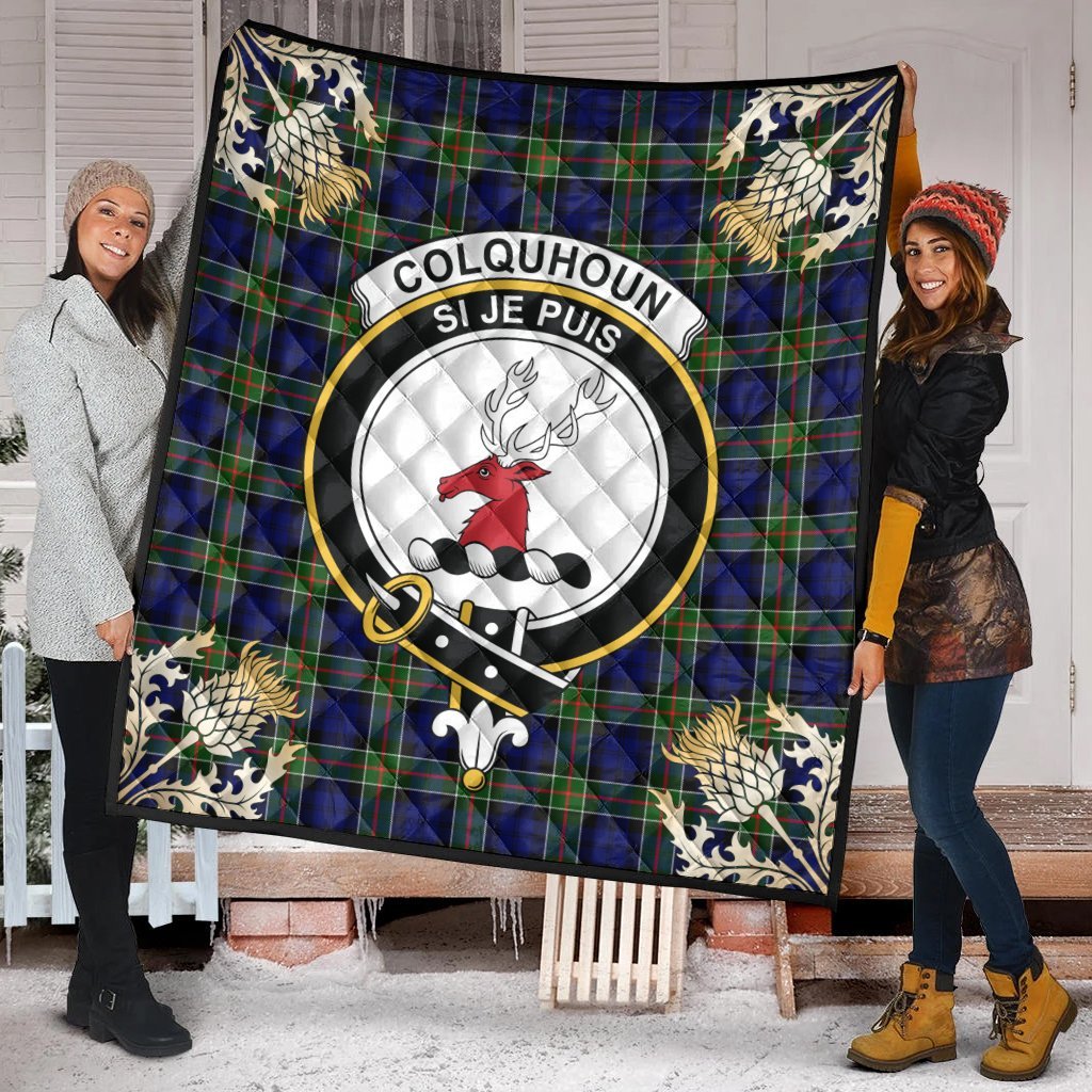 Colquhoun Modern Tartan Crest Premium Quilt - Gold Thistle Style