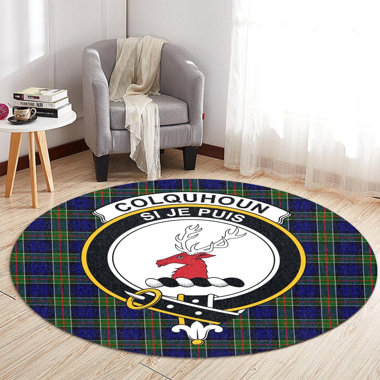 Colquhoun Modern Tartan Crest Round Rug