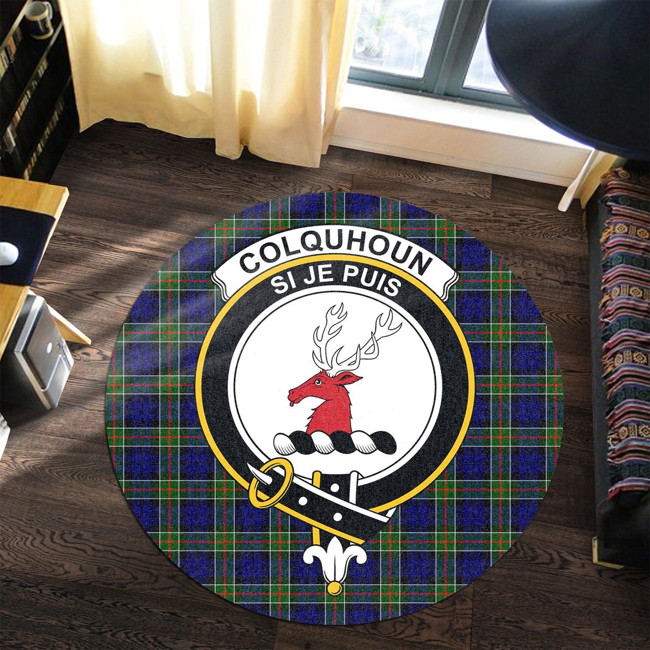 Colquhoun Modern Tartan Crest Round Rug